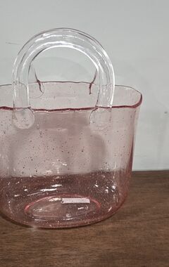 Hand Blown Art  Pink Clear Decorative Glass handbag vase with Handles